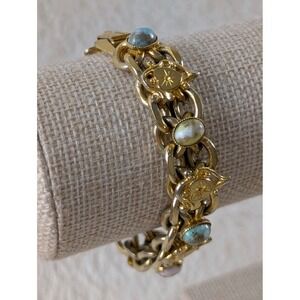 Vintage Gold Tone Cabochon Link Bracelet Safety Chain Statement Jewelry